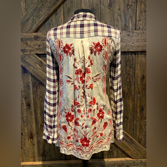 Johnny Was Tops - JOHNNY WAS 3J Workshop TAURINE Plaid Silk Embroidered Back NWT S ANTHROPOLOGIE